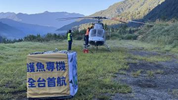 九月四日上午，雪霸國家公園管理處首次和民間航空公司合作，將240尾體長16公分的櫻花鉤吻鮭運送到司界蘭溪上游，進行放流。  攝影/陳佳利
