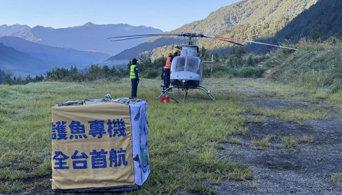 九月四日上午，雪霸國家公園管理處首次和民間航空公司合作，將240尾體長16公分的櫻花鉤吻鮭運送到司界蘭溪上游，進行放流。  攝影/陳佳利